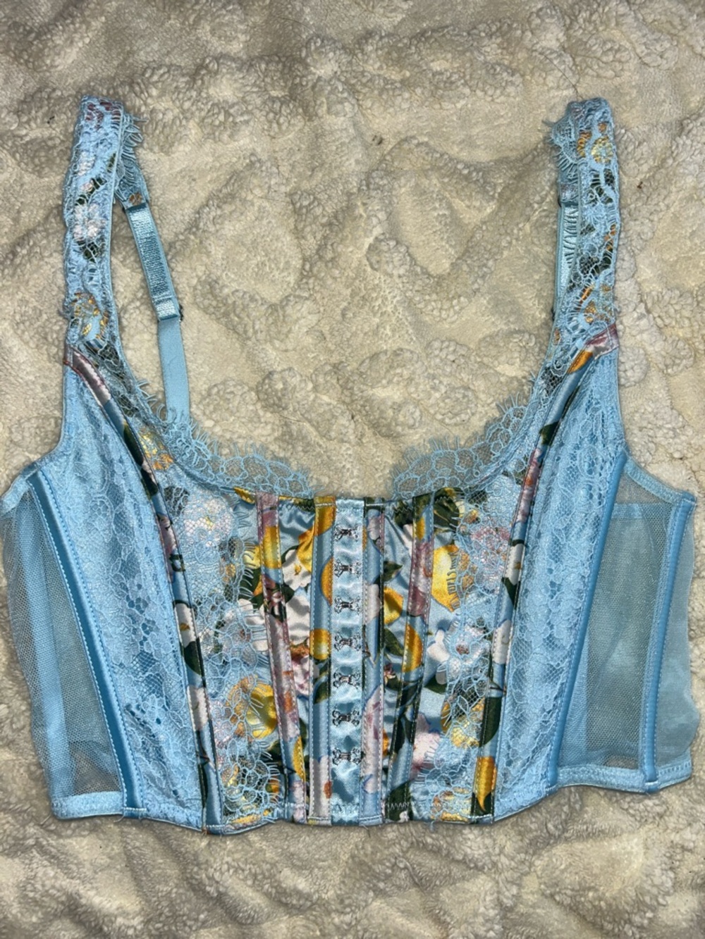 Victoria's Secret Light Blue Lace Bustier with Floral Satin Panels
